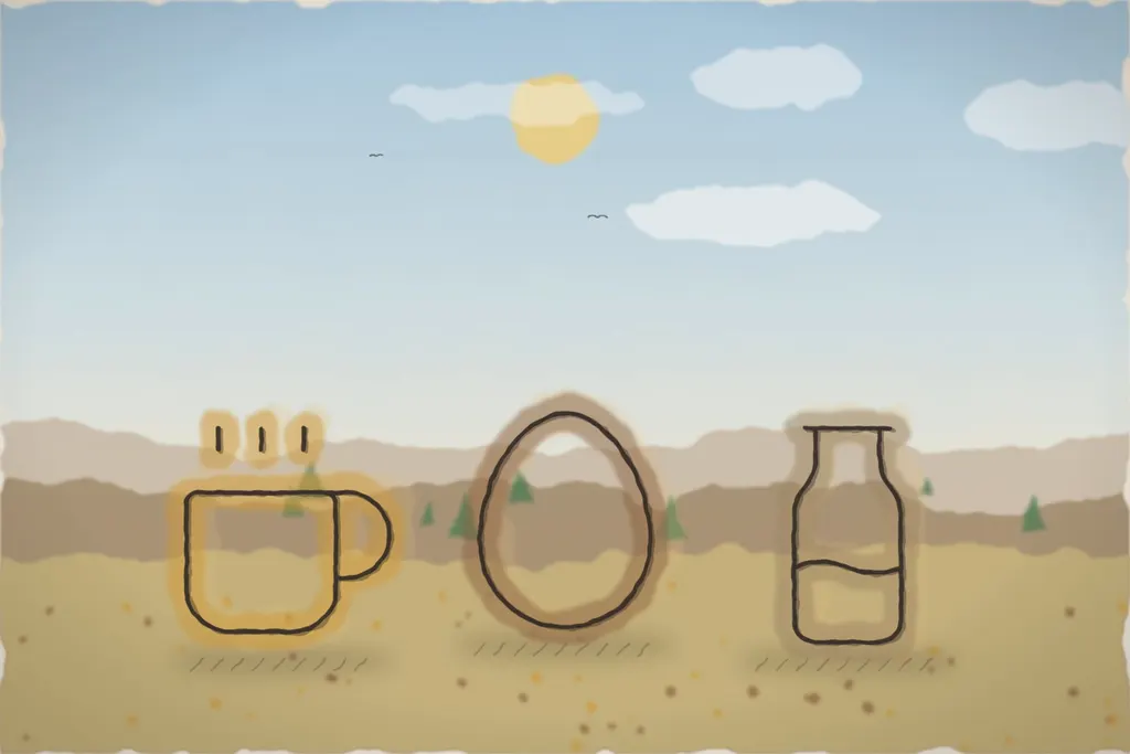 Micul dejun pe prispă, cu ouă, lapte și cafea (ilustrație)